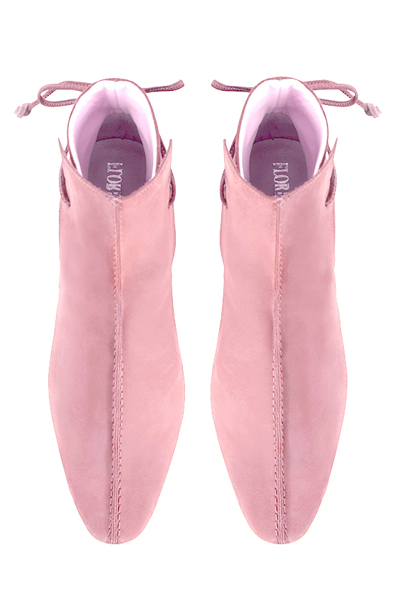 Carnation pink women's ankle boots with laces at the back. Round toe. Low block heels. Top view - Florence KOOIJMAN